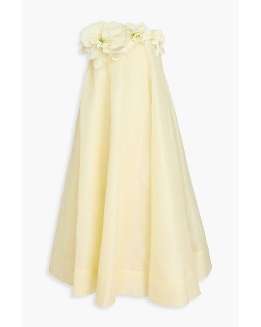 Zimmermann Yellow Strapless Floral-Appliquéd Linen And Silk-Blend Midi Dress
