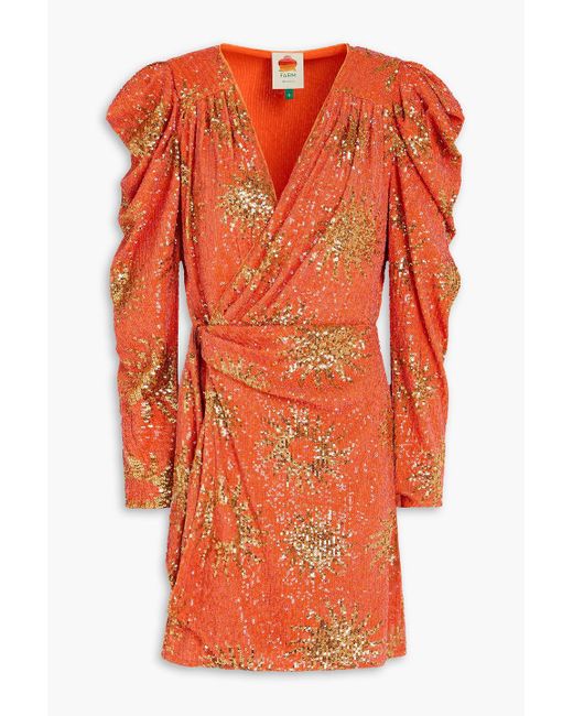 Farm Rio Orange Mini-wickelkleid aus mesh mit pailletten und raffung