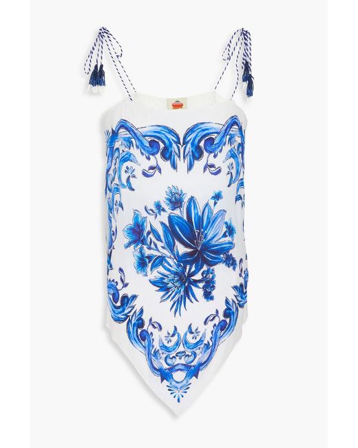 Farm Rio Blue Floral-Print Satin Top