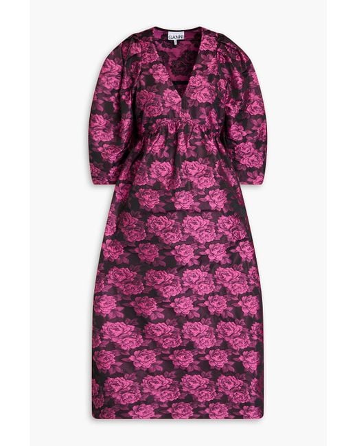 Ganni Purple Gathered Floral-Jacquard Midi Dress