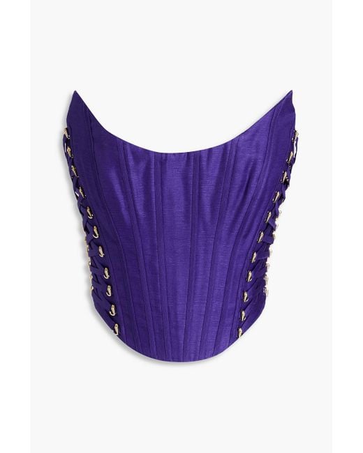 Zimmermann Purple Cropped Lace-up Linen And Silk-blend Bustier Top