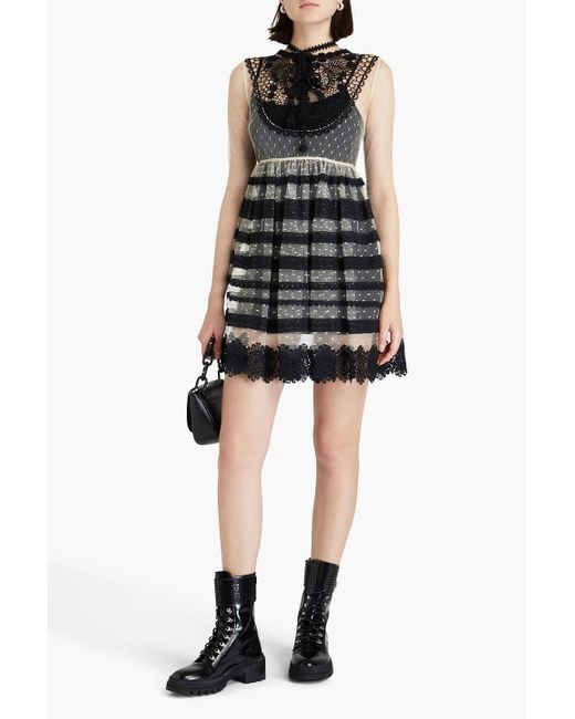 RED Valentino Black Crocheted Lace-paneled Point D'esprit Mini Dress