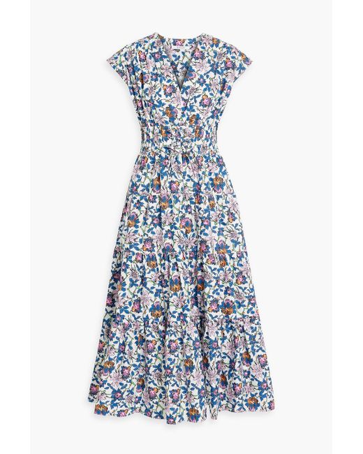 10 Crosby Derek Lam Blue Fatima Gathered Floral-print Cotton-blend Poplin Midi Dress