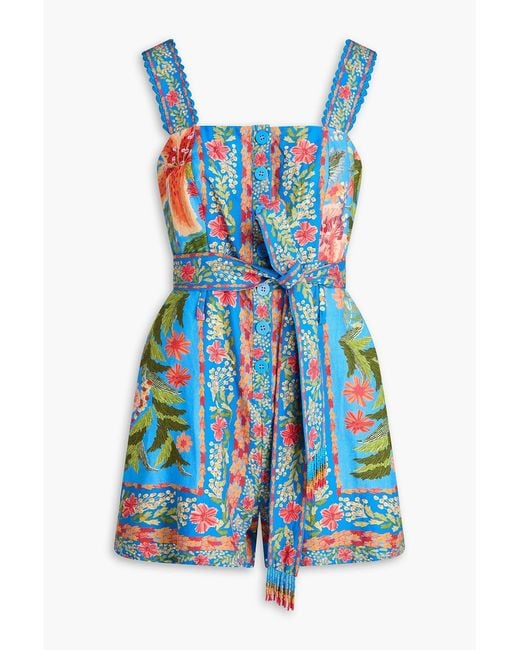 Farm Rio Blue Floral-print Embellished Linen-blend Playsuit