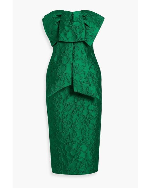 Badgley Mischka Green Strapless Bow-Detailed Cloqué Midi Dress