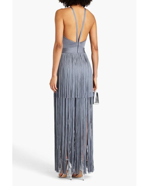 Hervé Léger Blue Fringed Ribbed Stretch-knit Gown