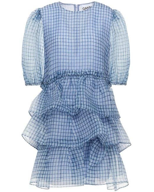 Ganni Synthetic Tiered Gingham Organza Mini Dress in Blue | Lyst