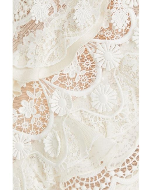 Zimmermann White Asymmetric Ruffled Cotton-blend Lace, Shantung And Organza Maxi Skirt
