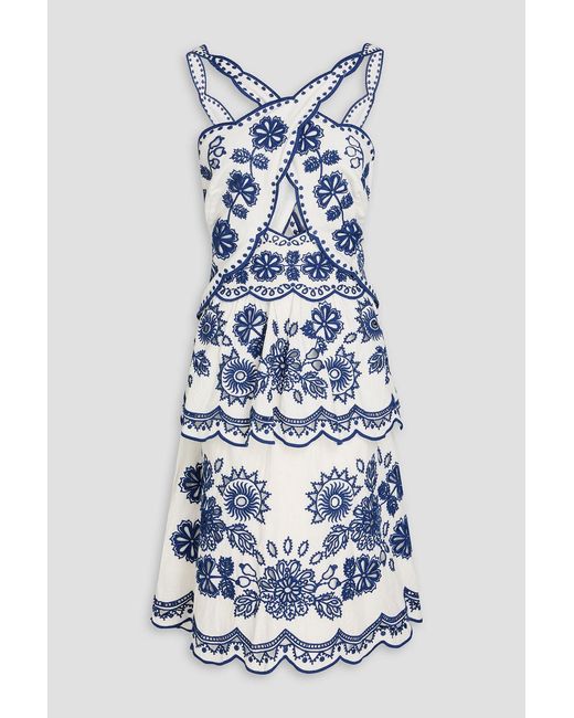 Farm Rio Blue Tiered Cutout Broderie Anglaise Linen-blend Dress