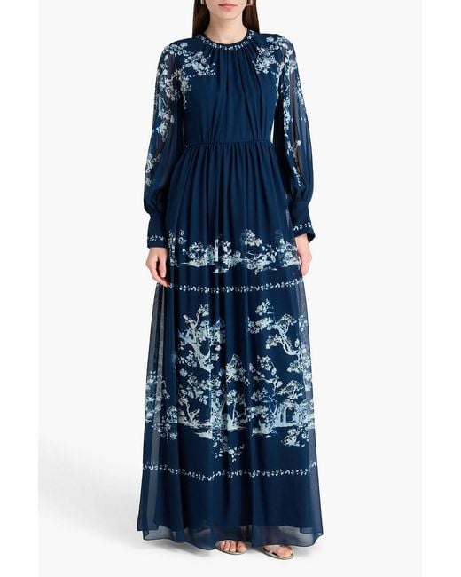 Erdem Blue Printed Silk-Voile Gown