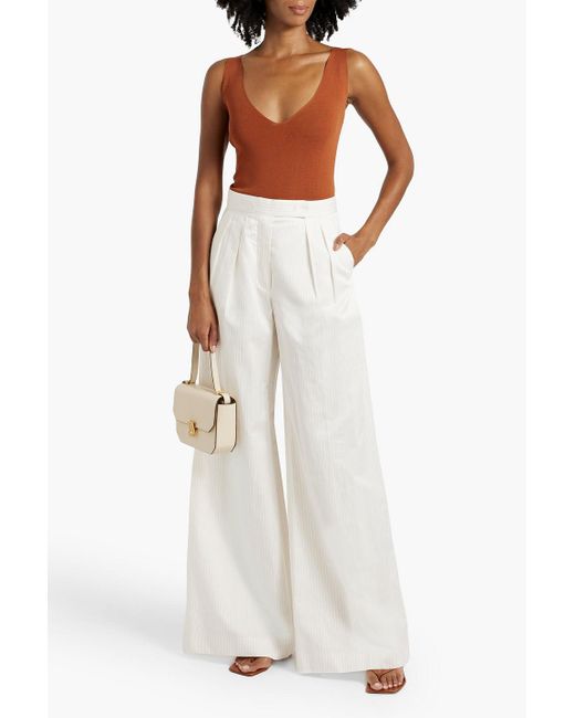 Max Mara White Pleated Striped Cotton And Linen-blend Wide-leg Pants
