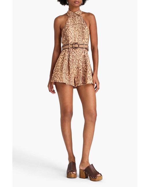 Zimmermann Natural Open-Back Belted Leopard-Print Linen Playsuit