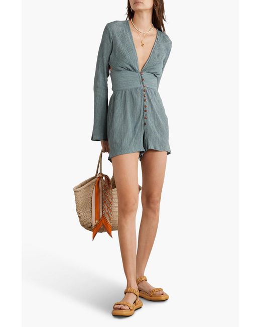Savannah Morrow Blue Open-back Crinkled Bamboo And Silk-blend Playsuit