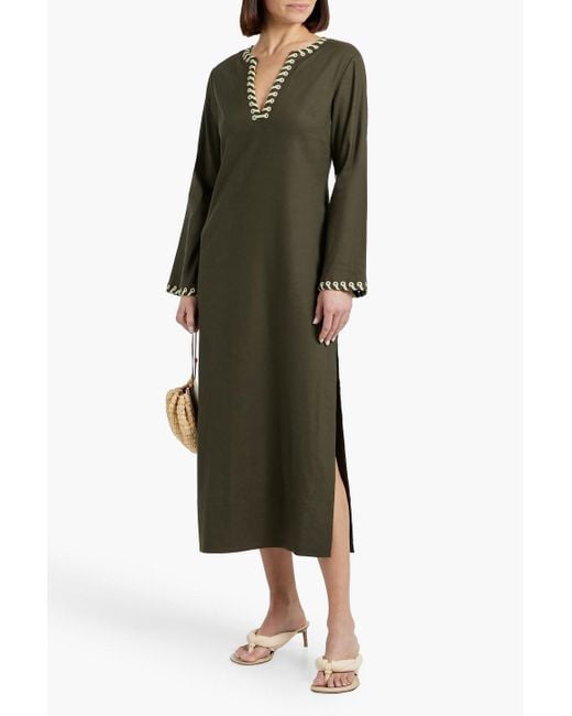 Jonathan Simkhai Green Dalta Embellished Linen-Blend Midi Dress