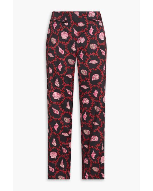 Saloni Red Capri Flute Printed Stretch-silk Twill Kick-flare Pants