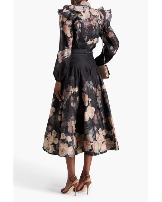 Zimmermann Black Ruffled Floral-Print Linen And Silk-Blend Shirt