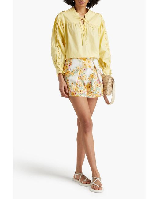 Maje Metallic Pleated Floral-print Cotton Shorts