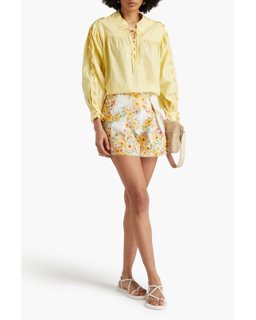 Maje Metallic Shorts aus baumwolle mit floralem print und falten