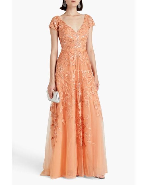 Zuhair Murad Orange Embellished Embroidered Tulle Gown