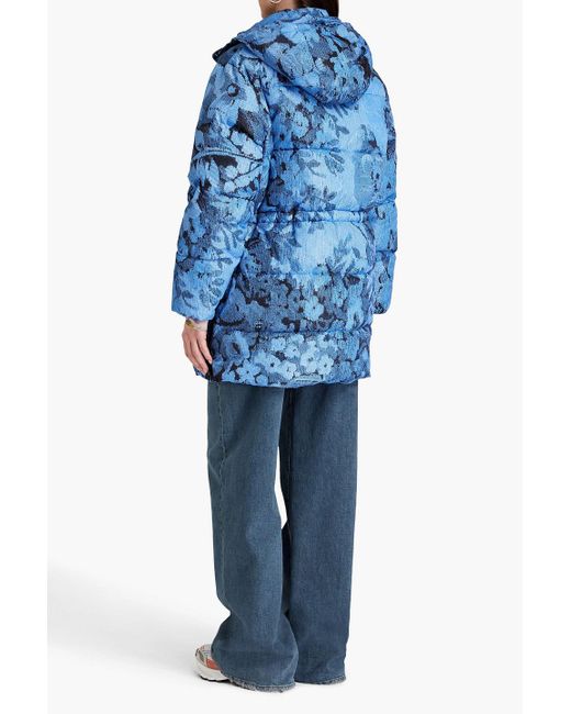 Ganni Blue Margarita Oversized Quilted Printed Shell Hooded Jacket