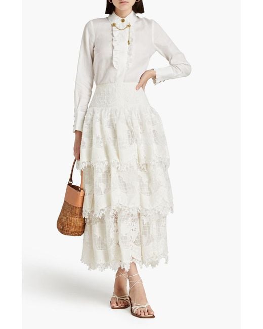Zimmermann White Embellished Tiered Voile And Tulle Maxi Skirt