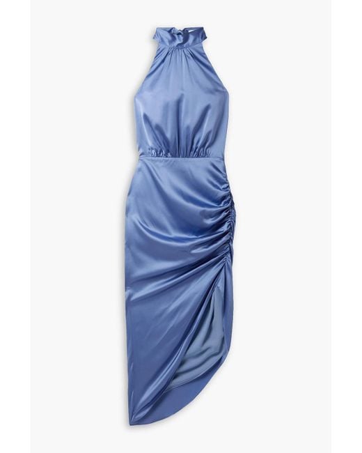 Veronica Beard Blue Gabriella Ruched Stretch Silk-blend Satin Halterneck Midi Dress