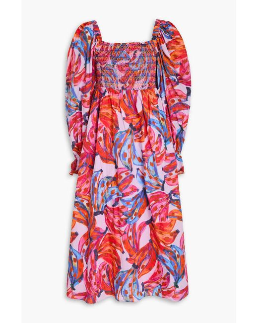 Farm Rio Red Smocked Printed Cotton-voile Midi Dress
