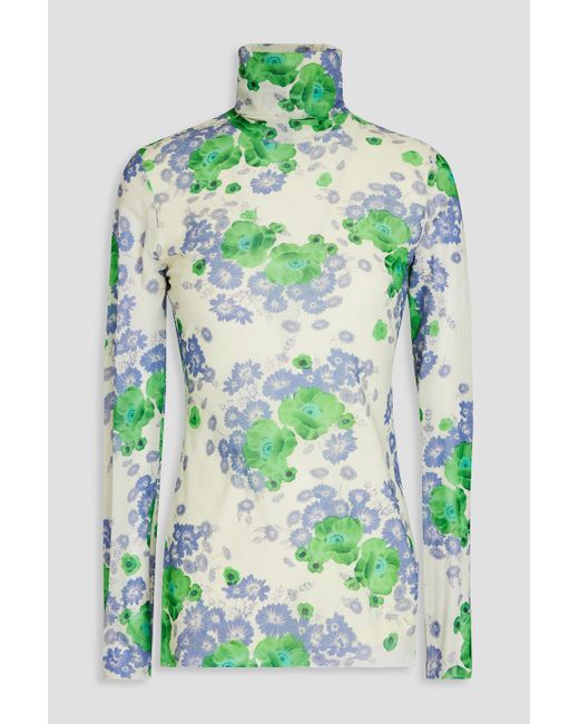Ganni Green Long Sleeved Top In Mesh With Floral Pattern