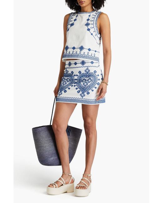 Maje Blue Embroidered Cotton-Blend Twill Mini Skirt