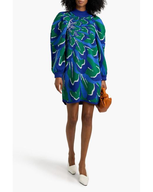 Farm Rio Blue Jacquard-Knit Mini Dress