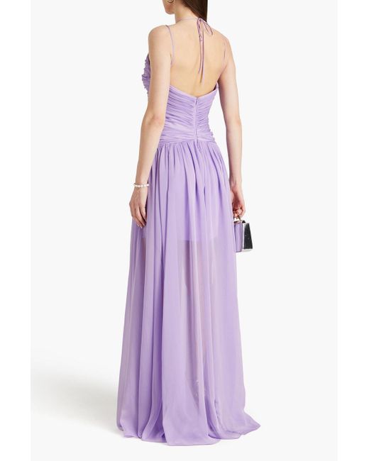 Rasario Purple Ruched Cutout Chiffon Maxi Dress