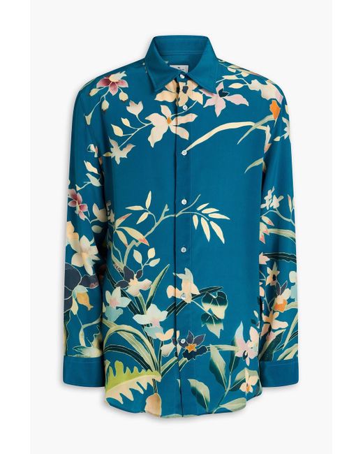 Etro Blue Floral-print Silk Crepe De Chine Shirt for men