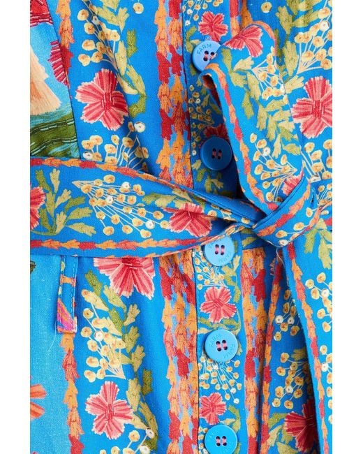 Farm Rio Blue Floral-print Embellished Linen-blend Playsuit