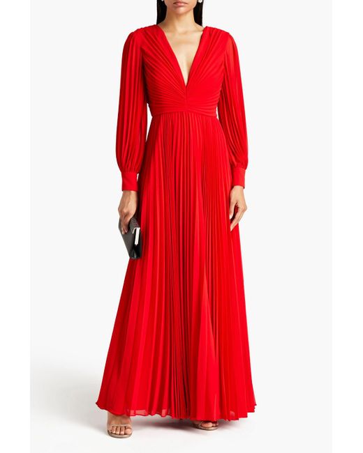 Badgley Mischka Red Pleated Georgette Gown