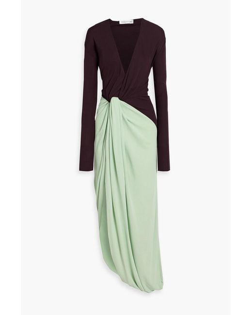 Victoria Beckham Green Draped Two-Tone Jersey Maxi Dress