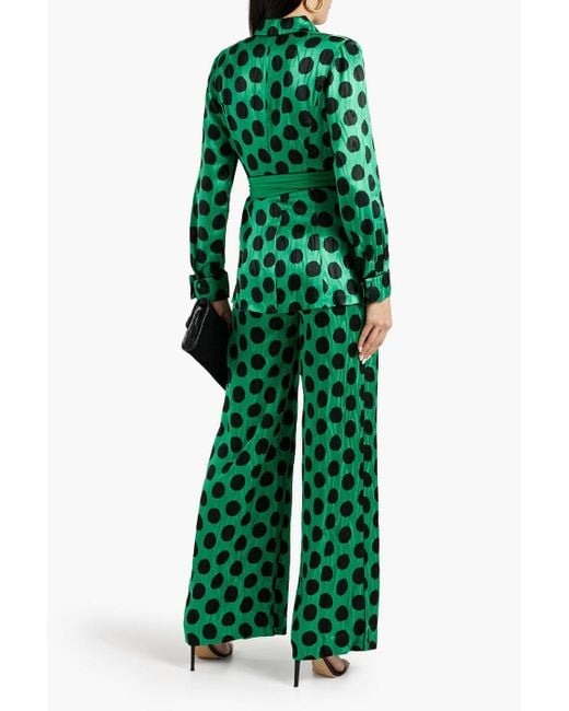 Diane von Furstenberg Green Clyde Wrap-effect Polka-dot Satin-jacquard Wide-leg Jumpsuit