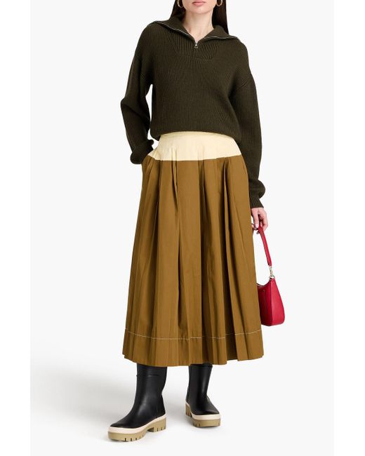 Tory Burch Natural Two-tone Pleated Cotton-twill Midi Skirt
