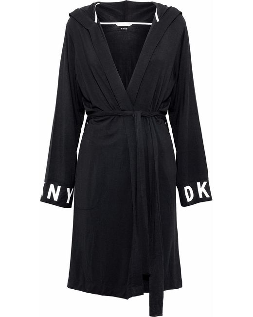DKNY Black Printed Stretch-Modal Hooded Robe