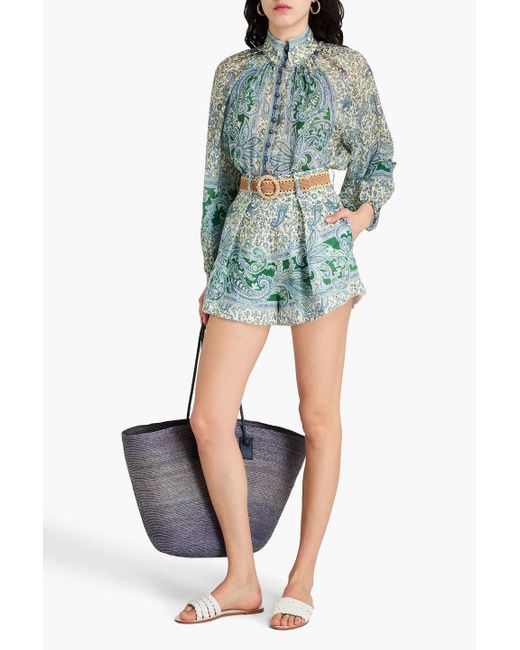 Zimmermann Green Ottie Paisley Print Belted Linen Shorts