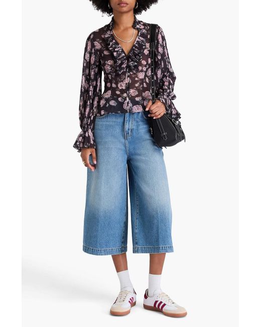 Ganni Ruffled Floral-Print Georgette Blouse in Grey | Lyst Australia