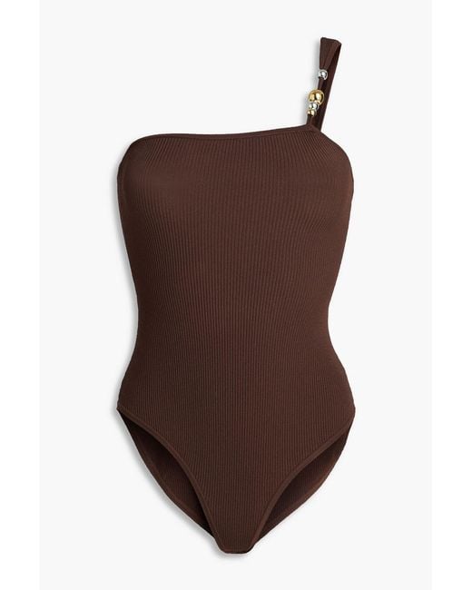 Sandro Brown One-Shoulder Bead-Embellished Ribbed-Knit Bodysuit