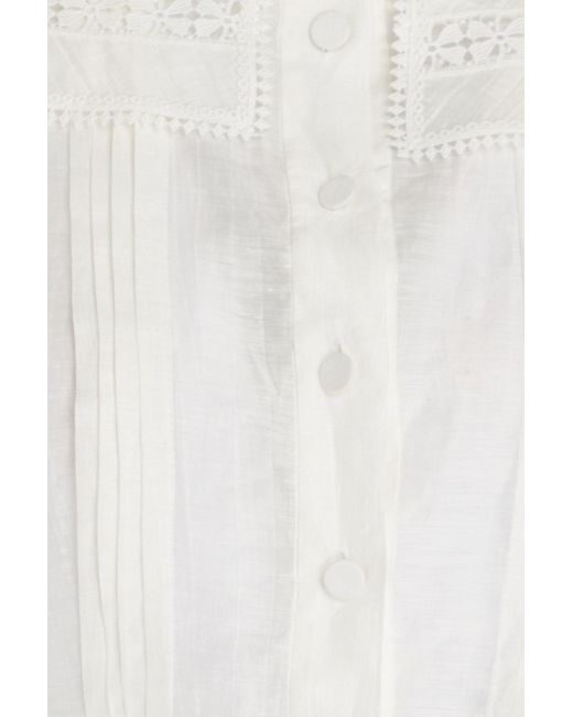 Sandro White Cropped Guipure Lace-trimmed Gauze Top