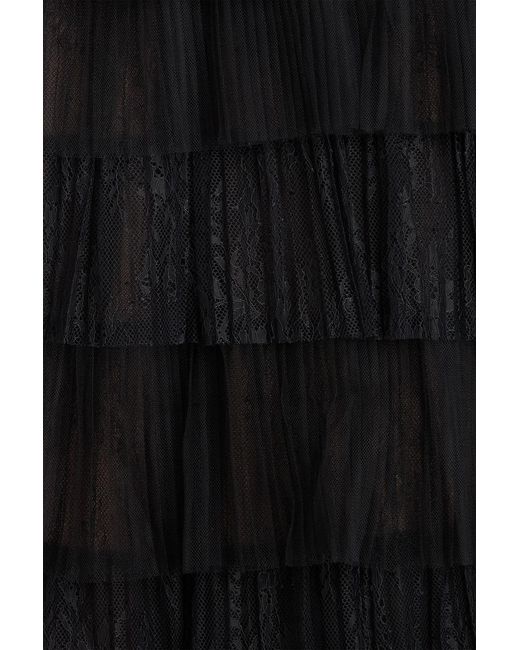 Costarellos Black Kali Crystal-Embellished Tiered Plissé Tulle And Chantilly Lace Gown