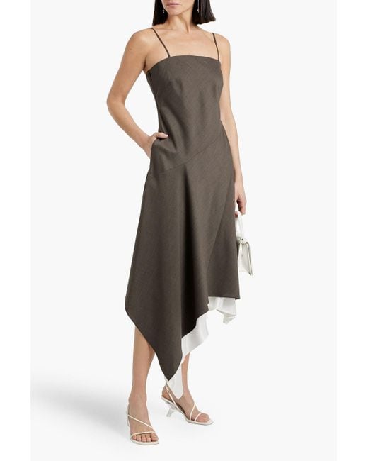 Helmut Lang Asymmetric Layered Wool Midi Dress in Brown | Lyst
