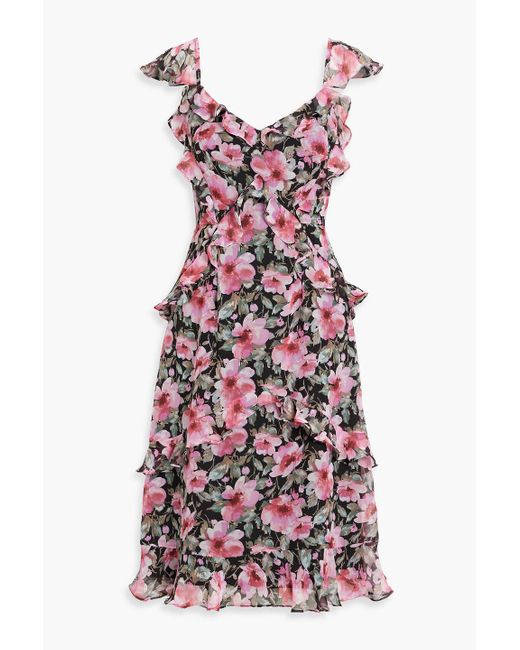 Mikael Aghal Red Ruffled Floral-print Chiffon Dress