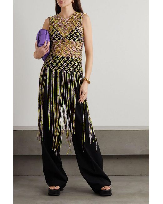 Dries Van Noten Metallic Fringed Printed Macramé Satin Top