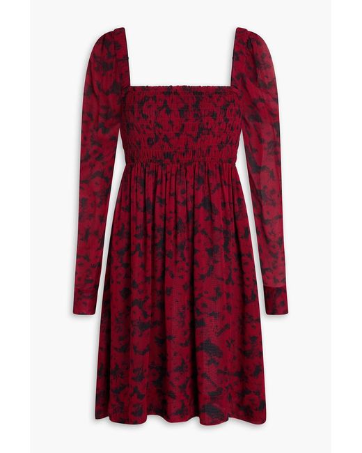 Ganni Shirred Printed Georgette Mini Dress