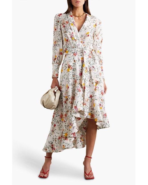 Zimmermann White Asymmetric Ruffled Floral-print Linen Midi Wrap Dress