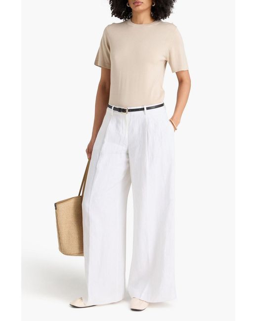 Theory White Pleated Linen Wide-Leg Pants