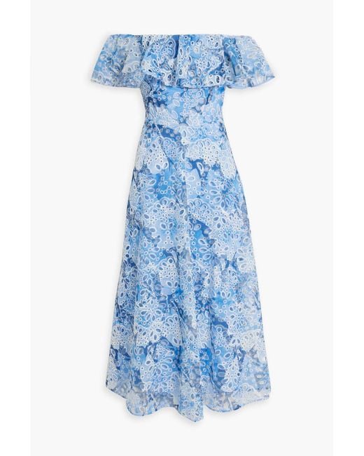 Mikael Aghal Blue Off-the-shoulder Ruffled Printed Broderie Anglaise Midi Dress